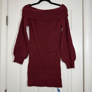Cupshe Ribbed Off The Shoulder Sweater Mini Dress Puff Sleeve Fitted Cozy Warm M